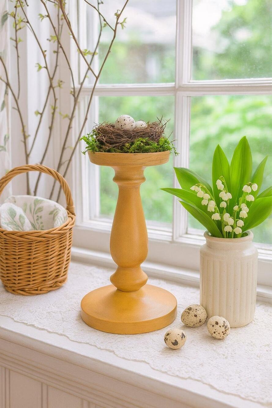 Hand-Painted Nest Pedestal • Upcycled Farmhouse Spring Decor, Speckled Eggs